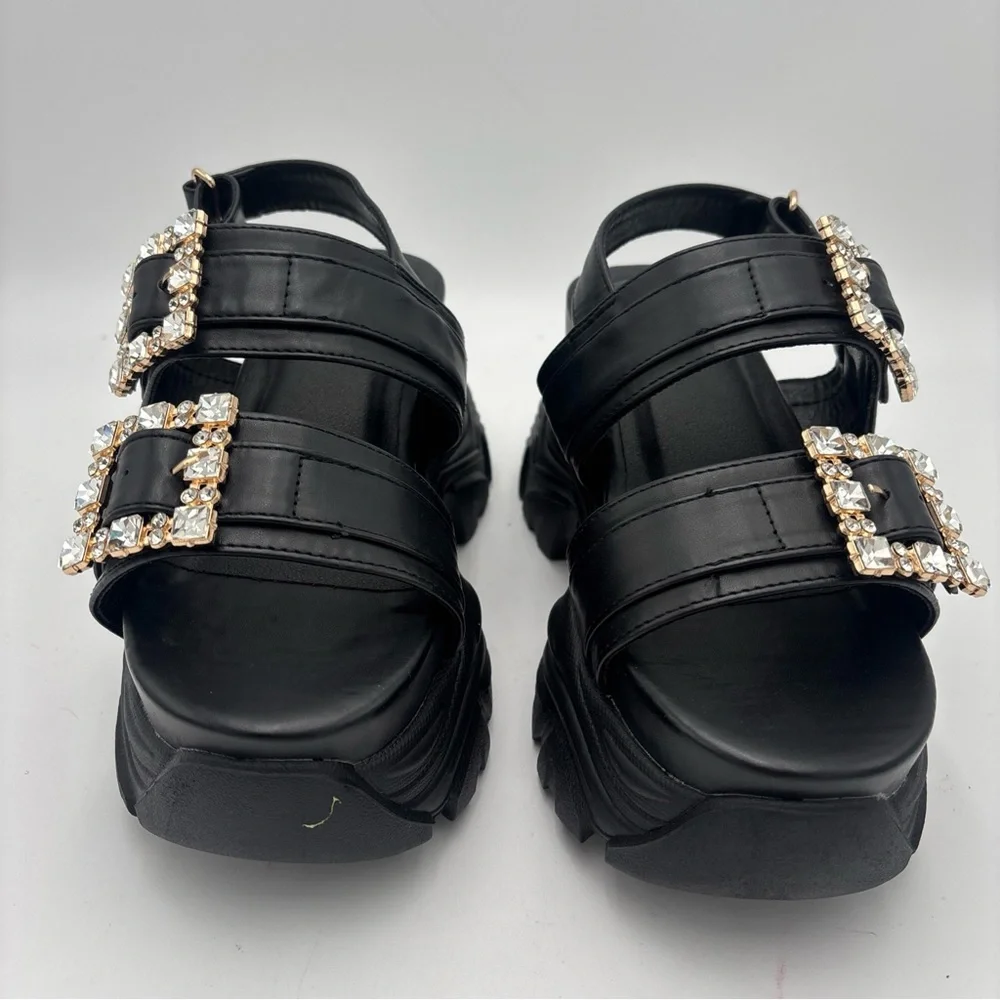 Elegant‎ Black Platform Sandals with Pearl Details